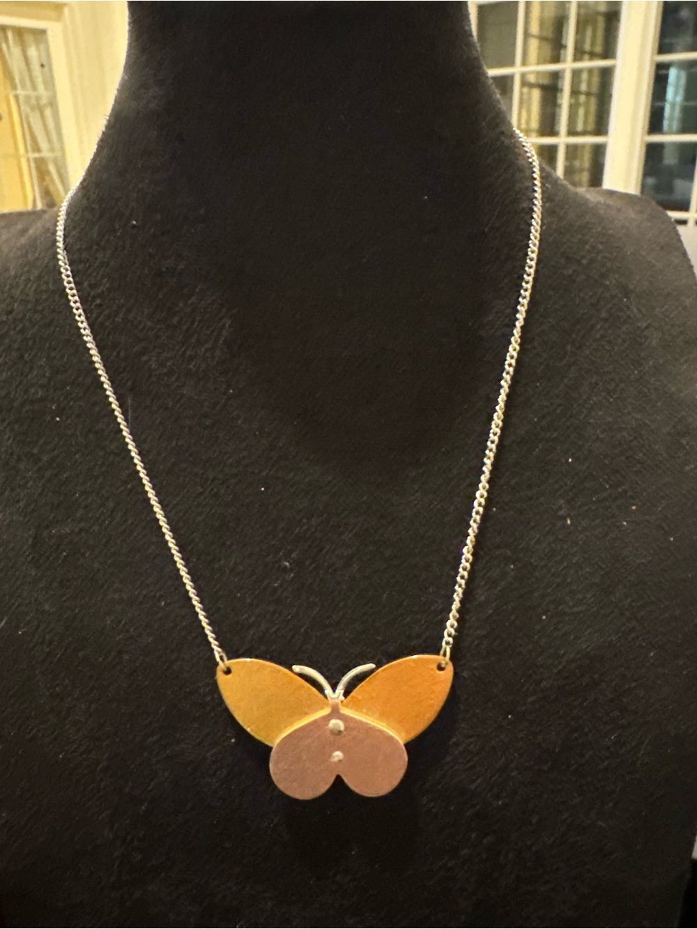 Vintage AVON Two Tone Butterfly Pendant Necklace Gold Silver Tone